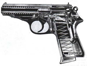Пистолет Walther PP в разрезе. Конструкция, элементы которой будут в дальнейшем заимствованы многими оружейниками. Пистолет Walther PP в разрезе. Конструкция, элементы которой будут в дальнейшем заимствованы многими оружейниками.